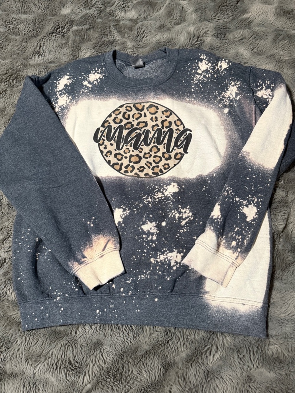 Gildan Navy and White Bleached "Mama" Leopard Accent Sweater - Picture 1 of 3